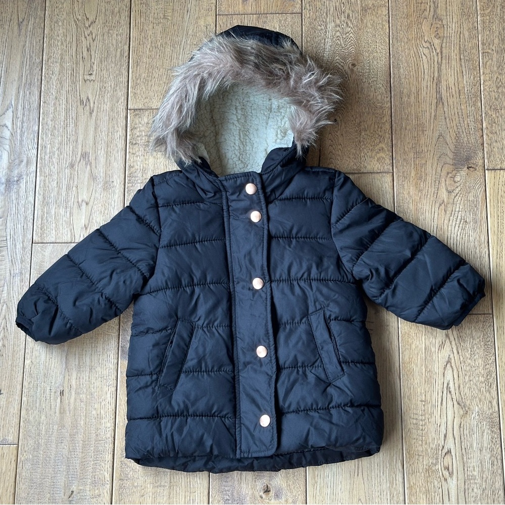 NEW Old Navy Black Sherpa Lined Hooded Puffer Jacket size 12-18 Months